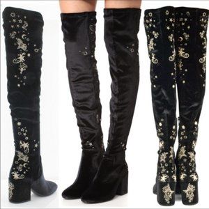 Ash Eros Black Velvet Over the Knee Boots with Gold Star Embroidery